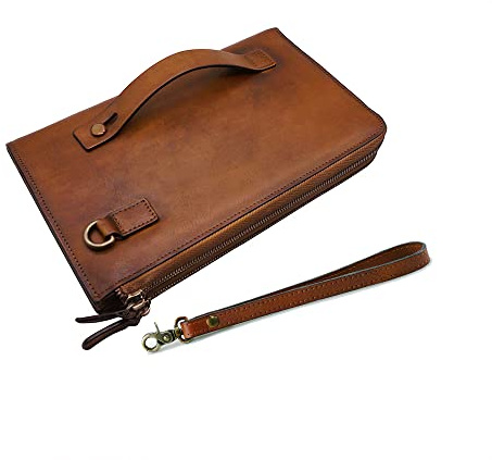 LETEULO Borsa da polso da uomo in vera pelle portamonete borsa da viaggio con frizione Marrone