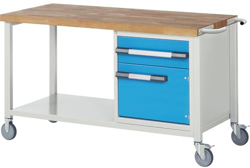 eurokraft | Fahrbare Werkbank Serie 8000 | Gestellbauweise | 1 Schublade | 1 Tür | Ablageboden | BxT 1500 x 700 mm