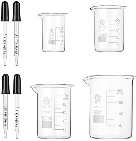 Hyber&Cara Becherglas niedrige Form mit Ausguss, Boro 3.3 Griffin-Becherglas 25 ml 50 ml 100 ml 200 ml mit 4 Stück 1 ml Glaspipette