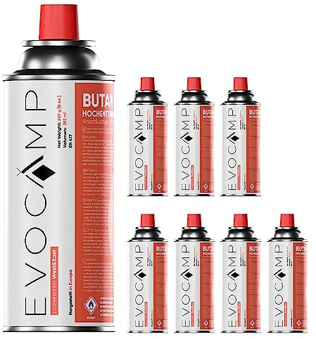 EVOCAMP 8x Stück Butan Gaskartuschen 227g Typ MSF-1a Bajonett Ventil ideal für Campingkocher, Gasheizung, Unkrautbrenner, Camping Gas Butangas Kartusche, Universaldruckgasdose für Camping und BBQ