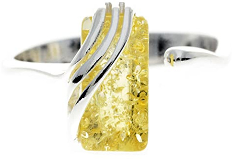 SilverAmber Jewellery Bague réglable en argent sterling 925 et ambre de la Baltique rectangulaire - GL418, Argent sterling, Citron et ambre