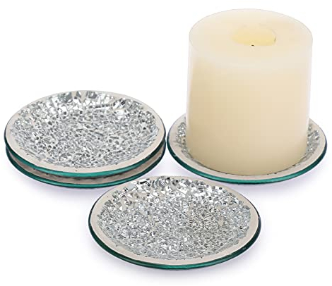 BSTKEY Set of 4 Mosaic Glass Candle Plates, 10cm/ 4 Round Candle Plate Holder, Decorative Pillar Candle Holder Tealight Candle Mat, Cup Plate Coasters (Silver)