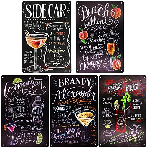 TIE-DailyNec 5 Placas de Metal para Cócteles, Diseño Vintage, Recetas de Menú en Color, Retro, Decoración de Pared para Bar, Pub, Cocina y Restaurante