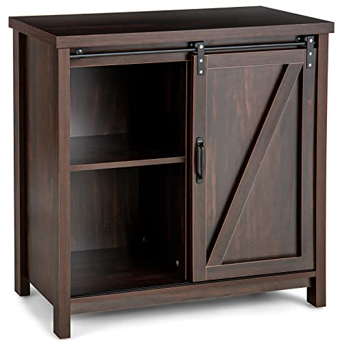 COSTWAY Sideboard, Buffet Table Storage Cabinet with Wine Rack, Sliding Doors, Open Shelves & Anti-slip Foot Pad, Wooden Console Cupboard for Kitchen Dining Room (Brown, without Wine Rack)