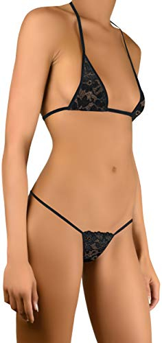 Sohimary 201 Damen Mini Spitze String Tanga Bikini XS S M 32 34 36 38 Schwarz