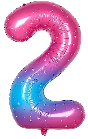 Ponmoo 40 inches Foil Balloons Numbers 2 Pink-Blue Gradient (101cm), Inflatable Helium or Air, Giant Balloon Number 0-9, 10-100, Grand Balloons for Anniversary Wedding Birthday Party Decoration