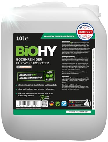 BiOHY Bodenreiniger für alle Wischroboter mit Orangenduft (10 Liter Kanister) | Schaumarm & Streifenfrei | Reinigungsmittel Konzentrat für alle Böden
