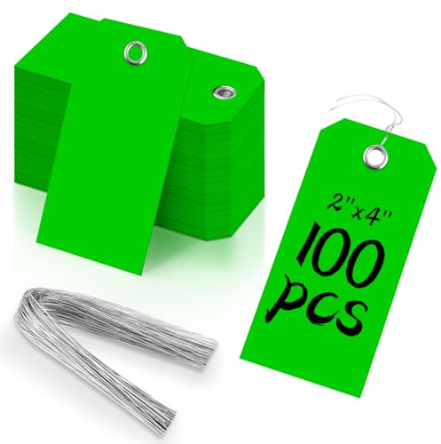 100 etiquetas de envío de plástico verde de 2 x 4 pulgadas de 10 mil con cables, etiquetas colgantes resistentes con cuerda, etiquetas de etiquetado impermeables con refuerzo para regalo, equipaje,