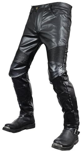 Läderbyxor för män biker ridning cowboy chaps svart multificka delad mjuk läderbyxor med CE knähöft avtagbar pansrad för män cykling motorcykel racing byxor svart, 38 normal