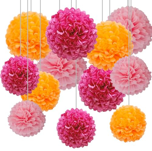CC wonderland zone 12pcs Hot Pink,Light Pink and Orange Tissue Paper Pompoms,Hanging Paper Pom Poms for Pink Orange Party Decoration