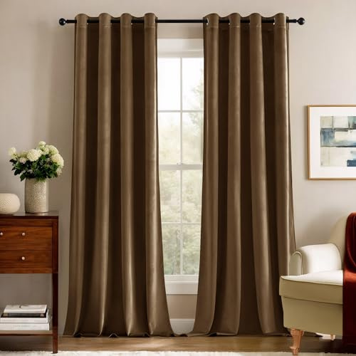 Deconovo Cortinas Opacas Cortinas de Terciopelo para Dormitorio Cortinas Aislantes,140x180cm, Caqui Oscuro,Juego de 2