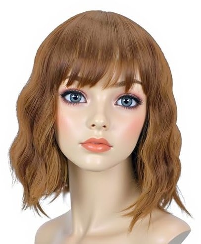 Sintetico Parrucca,Donna ricci parrucche,Corto Wavy Bob Parrucche Con Frange Shoulder Lunghezza Ricci Parrucche Flat Bang Capelli Sintetico Parrucca(Marrone)