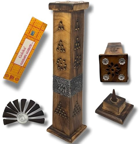 Portaincenso a Torre in Legno di Mango – Bruciatore per Bastoncini e Coni Naturali – Ideale per Casa, Meditazione, Yoga e Relax – Design Artigianale per Ogni Ambiente
