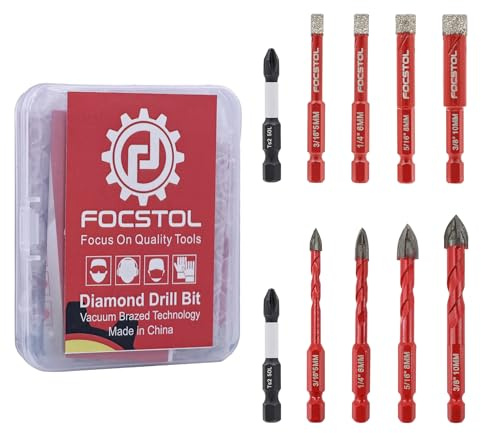 FOCSTOL Set di Punte Diamantate 10 pezzi, Punte per Piastrelle per Praticare Fori in Porcellanato Gres Ceramica Marmo Granito Vetro, con Attacco Esagonale a Cambio Rapido, 5/6/8/10mm