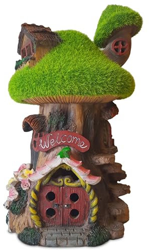 TIN DREAMS FACTORY | Casita de Hadas para Jardín con Luz Solar - Fairy Tree House en Resina - Decoración Exterior Jardín, Patio, Terraza - Adorno Mágico con Luz LED para Ambientes Encantados