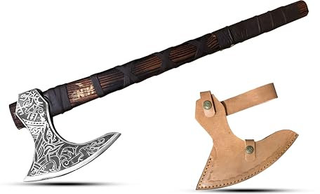 Gravierte Wikinger-Tomahawk-Axt mit Lederscheide – Handgeschmiedete Bartaxt für Bushcraft, Camping und Survival – Dekoratives nordisches Beil für Holzarbeiten und Dekoration