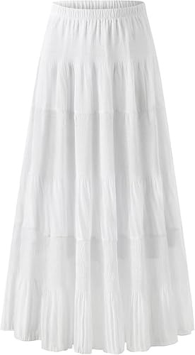 comefohome Womens Skirts UK Elasticated Waist Maxi Long Summer Pleated Flowy Chiffon Adjustable A Line High Waist Ladies Skirt White 3XL