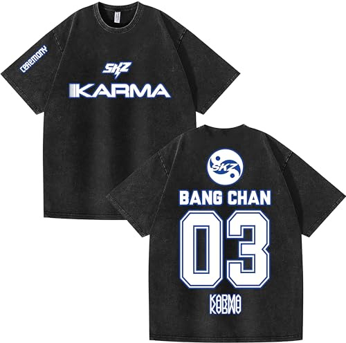 NCTCITY Homme Femme T-Shirt en Coton StrayKidz Karma Basique Tee Shirt Délavé Vintage Harajuku Chemise Tops Ceremony Imprimé BangChan Lee Know Changbin Hyunjin Han Felix Seungmin I.N
