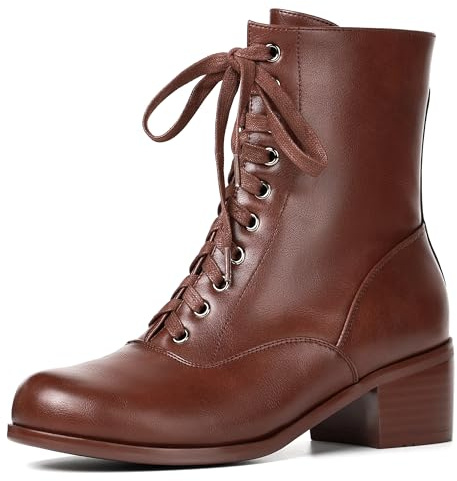 Pixoecuty Women's Victorian Boots Vintage Lace Up Boots For Women Short Ankle Booties Side Zipper Round Toe Chunky Heel Brown ASIAN 37