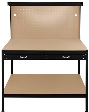 Banco da lavoro con cassetti multiuso da 120 cm con luce LED ripiani e opzioni di stoccaggio intelligenti per garage, officine e magazzini - Capacità di carico 200 kg – Nero