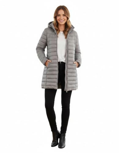 kraftd Womens Winter Lightweight Puffer Jacket Quilted Padded Down Coat With Detachable Hood Central Zip Best for Autumn Winter, Outdoors & Travelling (Grey, 16)