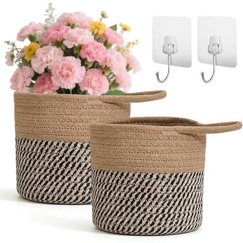 Cesti sospesi in cotone, organizer, cesti da parete con manico 15 x 15 cm, cesti portaoggetti per cucina, bagno, camera da letto, soggiorno, organizer da appendere (marrone + marrone scuro)