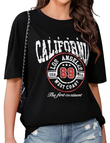 PASUDA Tee Shirt Femme Oversize à Manches Courtes Haut Coton Col Rond Grande Taille T-Shirts à Imprimé Rétro Ample T Shirt Été de Sport Casual Chic Tops