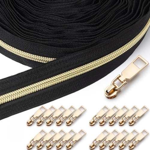 Sonekin 15 M Fermeture Eclair au Metre, Inclut 20 Curseurs (Noir + Or) | Facile à Installer, Coulisse en Douceur, Facile à Coudre, Découpable à la Longueur Souhaitée, Finitions Soignées