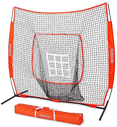 GoSports 7 ft x 7 ft Baseball & Softball Practice Hitting & Pitching Net with Bow Type Frame, Carry Bag and Strike Zone, Great for All Skill Levels