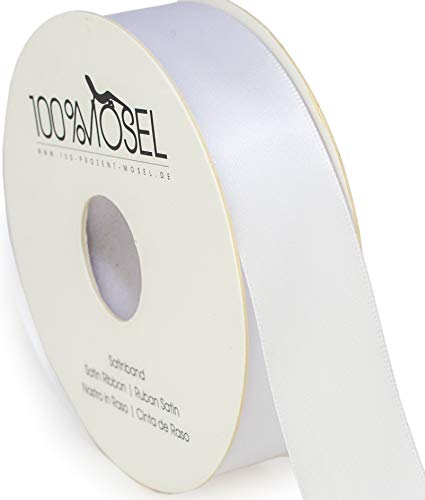 100% Mosel Satinband, in Weiß (25 mm x 25 m), matt glänzendes Geschenkband, edles Schleifenband zum Dekorieren & Basteln, zum Einpacken besonderer Geschenke, für Hochzeiten, Taufen, uvm.
