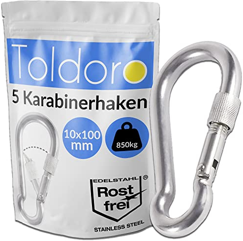 Toldoro® 5X Edelstahl Karabiner mit Schraubverschluss 100mm Rostfrei - NIRO AISI 316 V4A / Karabinerhaken Klein für Schaukel, Hängematte oder Sonnensegel/Schraubkarabiner, Bruchlast 870kg