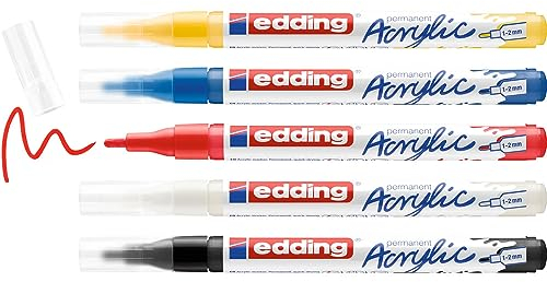 edding 5300 Acrylmarker Fein - mehrfarbiges 5er-Set - feine Spitze 1-2 mm - Acrylmalstifte zum Malen auf Leinwand, Kunstdruckpapier, Holz, Stein - Made in Germany