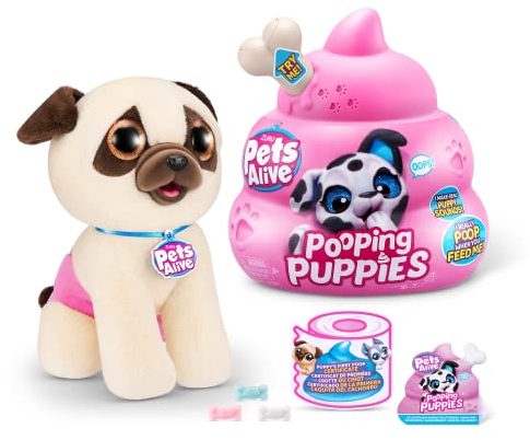 Pets Alive Pooping Puppies von ZURU, Mops, echter Haustier-Hundewelpe, Spiel-Kuscheltier, entwicklungsförderndes Plüsch, Farbwechsel-Auspacken, interaktiver elektronischer Haustier-Welpe (Mops)