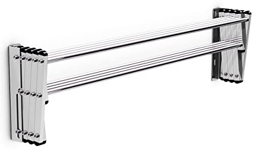 HOMASIS Étendoir Mural Extérieur avec 8 Barres en Acier Inoxydable, Séchoir à Linge Rétractable Intérieur pour Salle de Bain, Balcon, 86 x 64 x 22 cm, Argenté