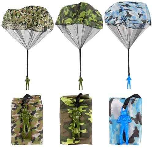 3 SKT Fallschirm Spielzeug Kinder, Tarnung Fallschirmspringer Hand werfen Fallschirm Outdoor Flugspielzeug Geschenk für Kinder, Wurf Parachute Spiele für Draußen