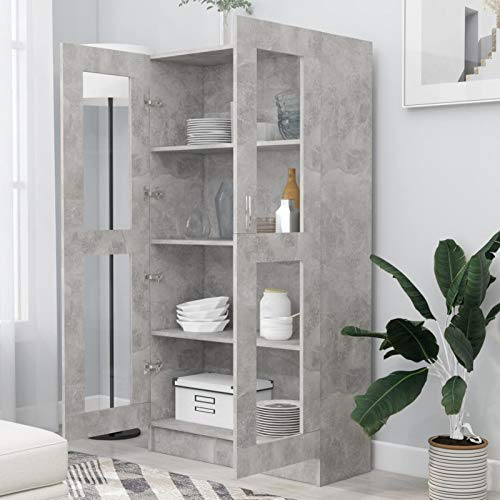 Homgoday Vitrina de Cristal con 4 Compartimentos 2 Puertas, Vitrina Salón, Mueble de Salón, Aparador Comedor, Aparador Cocina Vitrina de Madera ingeniería Gris hormigón 82,5x30,5x150 cm