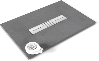 MOMENTS OF GLASS Plato de ducha Lumia 70x100 cm cm Gris RAL7030 - Antideslizante, Textura Pizarra, Resistente, Duradero, Fácil Limpiar - Incluye Sifón en el centro y Tapa en Acero Inoxidable