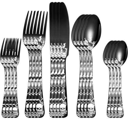 Dianzan bestickset i rostfritt stål, 20 delar, bisarr bestick, gotisk skalle, silverbestick, kniv/gaffel/sked, bestickset, Halloween-event porslin
