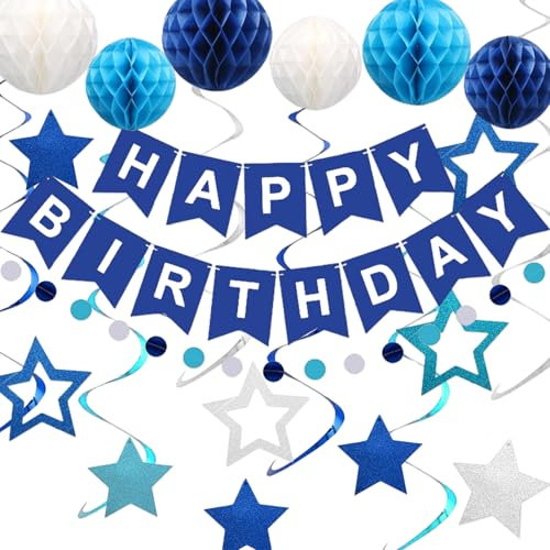 milaosk Decoracion Cumpleaños Bluey,Birthday Decoration Banner Bola de Panal Estrellas Colgando de Cintas Arremolinadas Guirnalda Redonda Decoracion Fiesta Adornos Cumpleaños para Niños Hombres