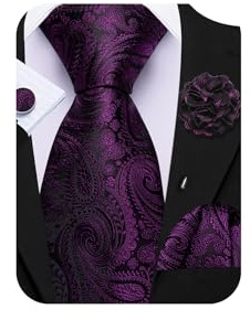 Barry.Wang Purple Tie 63 Paisley Silk Ties Set Pocket Square Cufflinks and Lapel Pin Extra Long Necktie Wedding
