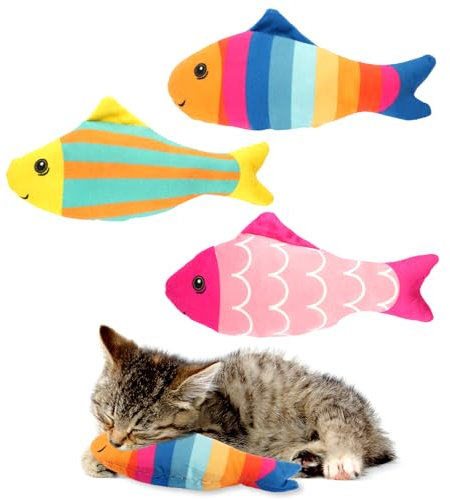 Moosono Katzenminze Spielzeug, 3 Stück Plüsch-Fisch mit Katzenminze 19cm, Interaktives Katzenspielzeug für Zahnpflege, Bewegung & Langzeitspaß