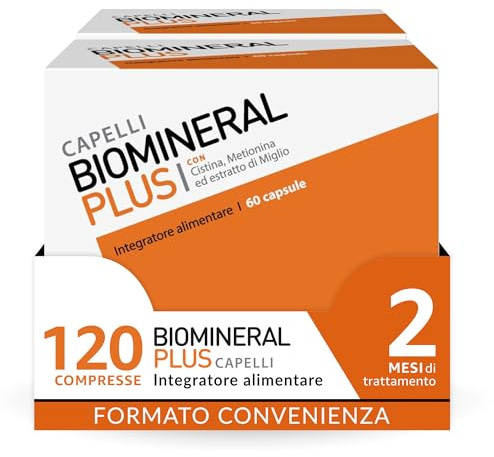 Biomineral Plus Capelli, 120 Compresse, Integratore per Capelli con Cistina, Metionina, Biotina ed estratto di Miglio, 2 Confezioni da 60 Compresse