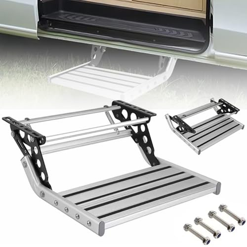 HEYOUTH Manuelle Trittstufe für Wohnmobile – Einziehbarer Aluminium-Tritt mit Rutschfester Oberfläche, 200 kg Tragkraft, 12V LED-Beleuchtung & Federverstärkung (Einfache Schraubenmontage)