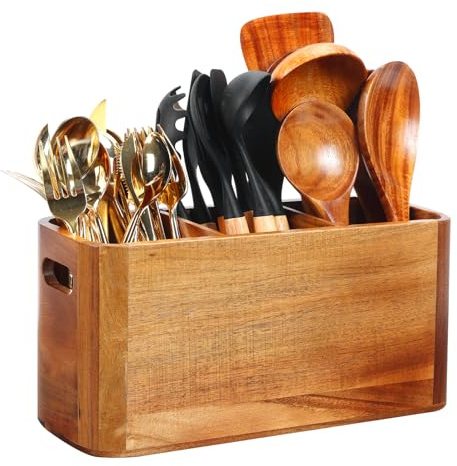 Kitchen Utensil Holder for Counter or Countertop, Extra Large Acacia Wood Organizer with 3 Compartments, Wooden Storage for Cooking and Silverware, Rustic Minimalist Decor, Sturdy Utensil Crock