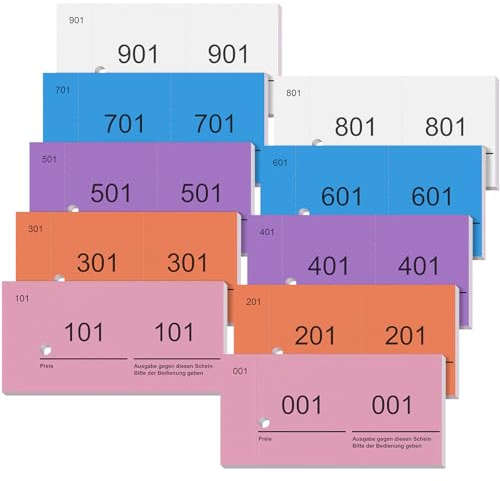 Nezyo Blocs Numerados 1-1000, Rosa, Morado, Blanco, Naranja, Azul Claro | Blocs de Notas de Números Dobles, Papeletas Guardarropa para Eventos, Ferias, Rifas, Sorteo Consumición, 10 x 5 cm