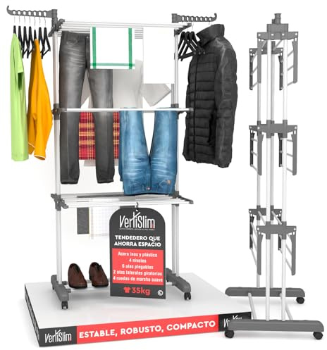 VertiSlim Dry Wäscheständer Klappbar Wäschetrockner Turm Platzsparender mit 4 Ebenen - Turm-Wäscheständer aus Edelstahl - Vertikaler mit Rädern und Seitenflügeln - Farbe Grau für Drinnen Draußen