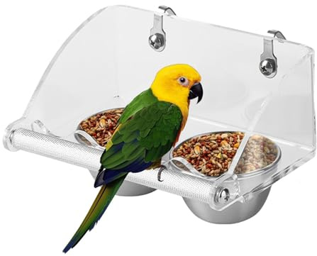 Stazione nutritiva per pollame – Bacinella sospesa antiruggine, supporto per trespolo in trasparente, bevitore per piccoli animali, contenitore per semi di pappagalli, serbatoio per liquidi p
