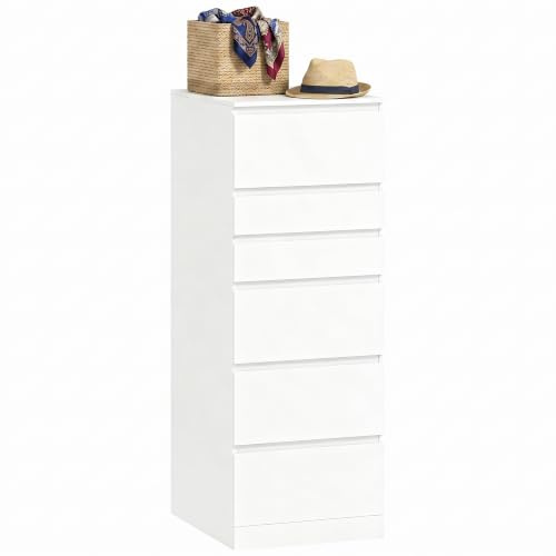 HOMCOM Cassettiera Camera da Letto Slim Alta con 6 Cassetti, Specchio Ribaltabile, Comò Camera da Letto Senza Maniglie, Cassettiera Salvaspazio per Soggiorno Corridoio Ingresso, 40x48x110 cm, Bianco