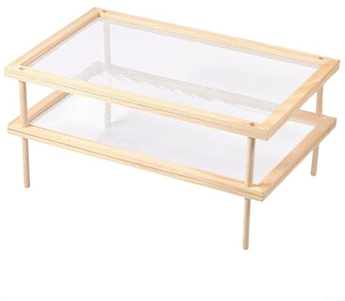 Stapelbart trä ört torkställ pasta hängande stativ med andningsbart nät för matuttorkning 39 x 24,5 cm (dubbla lager)