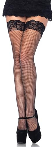 Leg Ave Women's Lycra Fishnet Thigh Highs with Backseam and Silicone Lace Top, Black, One Size